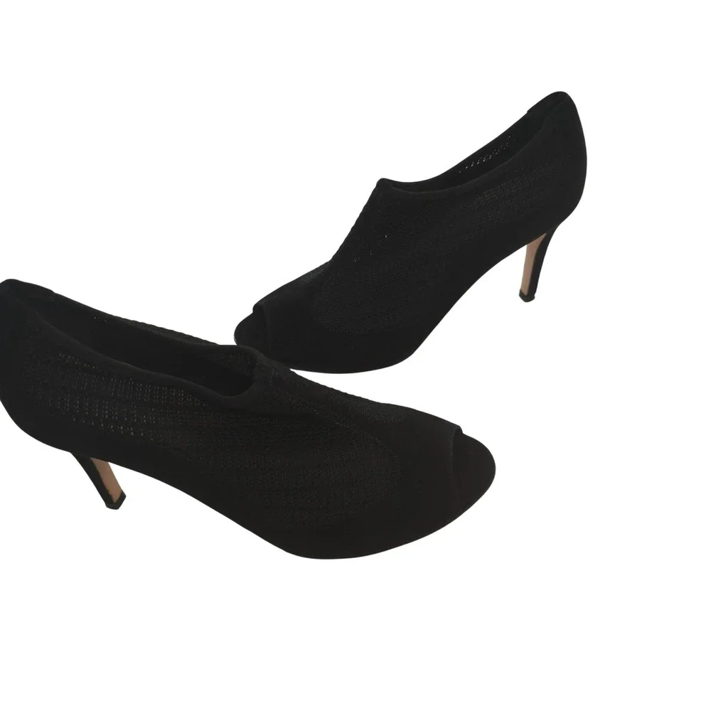 LK Bennett London Black Suede Mesh Peep Toe Heels 37.5 Made in Italy Runway Chic